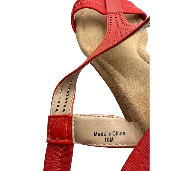 Alfani Size 10 Red T-Strap Wedge Sandals Perforated Design Faux Cork Heel - Picture 7 of 7